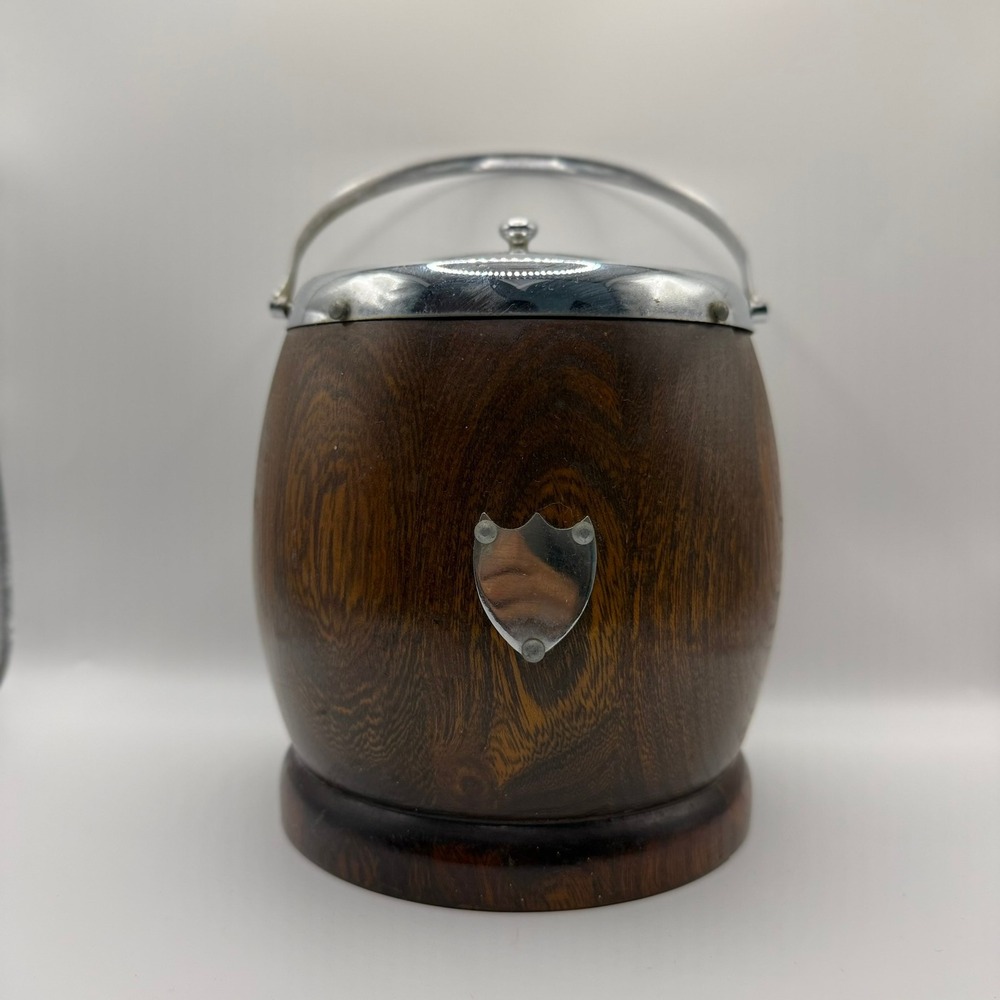 Vintage Oak Barrel Ice Bucket Chrome Trim Wood Biscuit Jar English Barware 6.5in